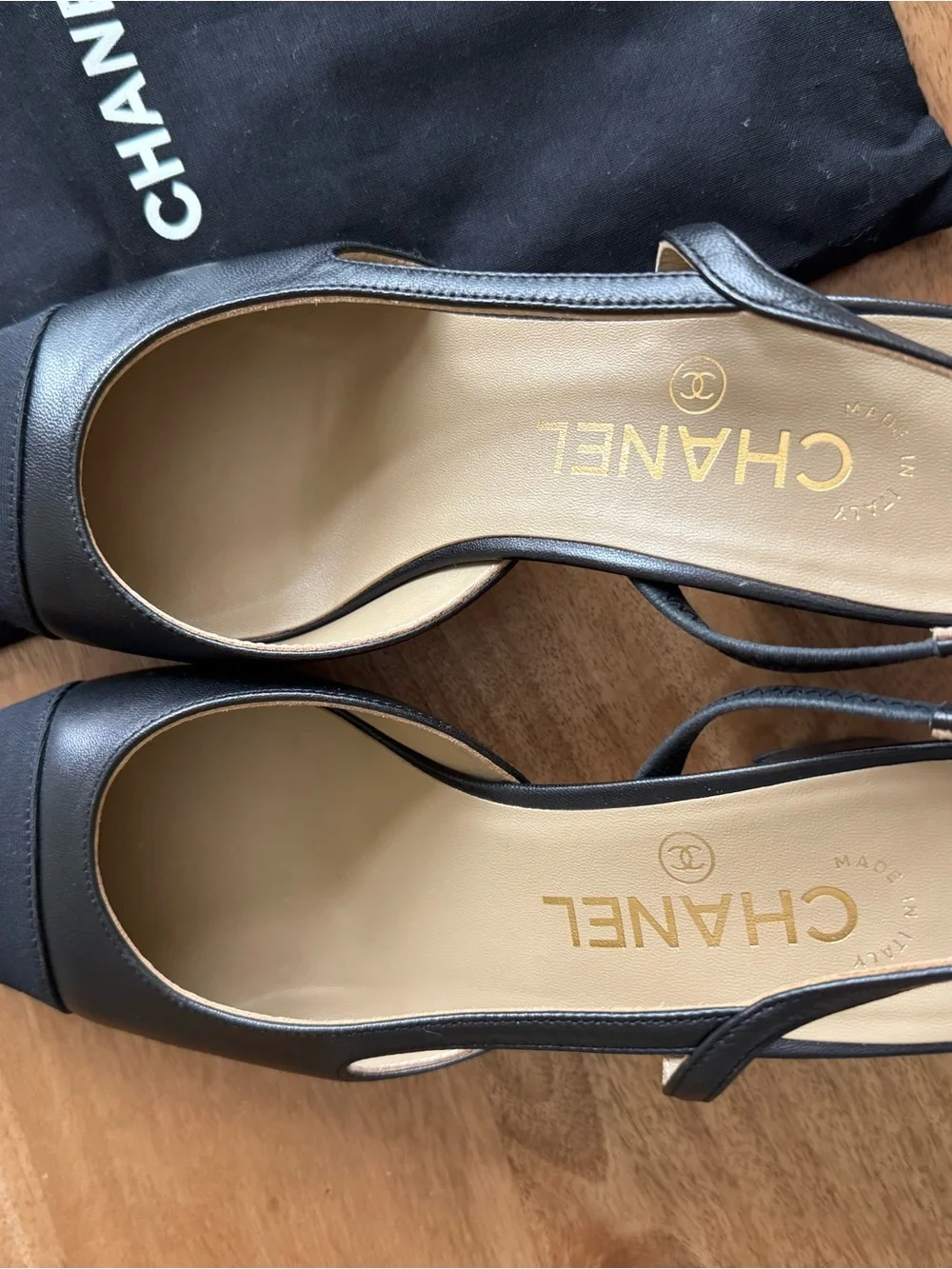 CHANEL Black Leather and Fabric Slingback Block Heels